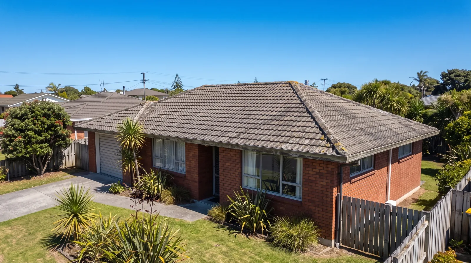 Before: brick home with a faded, weathered concrete tile hip roof